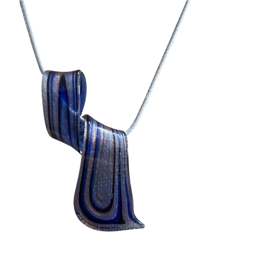 Artisan Blue Silver Twisted Glass Ribbon Pendant Necklace Adjustable Cord Gift